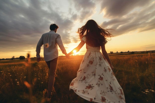 Una pareja de manos contra la puesta de sol en un campo