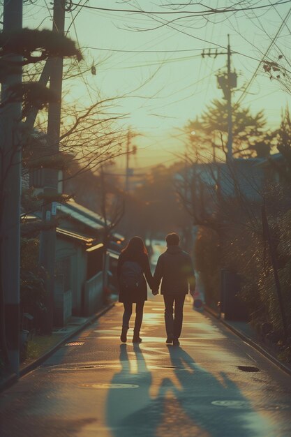 Una pareja de manos en la mano camina por la acera de una ciudad de otoño
