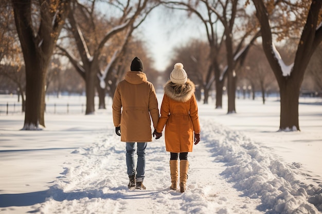 Una pareja de manos en la mano caminando por la nieve