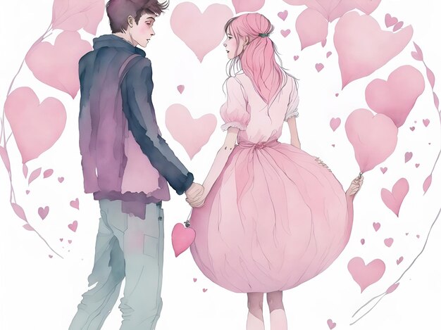 Una pareja de manos mirándose a los ojos con corazones rosados alrededor