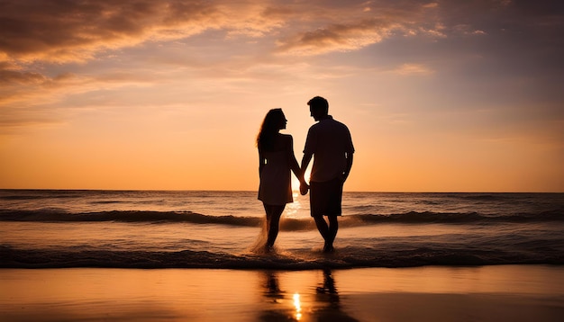 una pareja de manos en una playa al atardecer