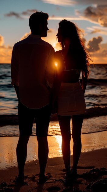 Una pareja de manos con silueta contra la puesta de sol en la playa