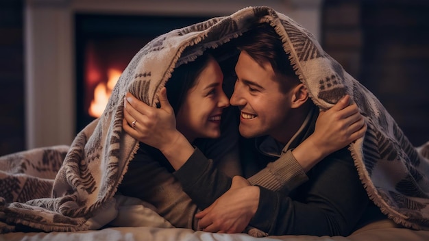 Una pareja bajo una manta mirándose el uno al otro.