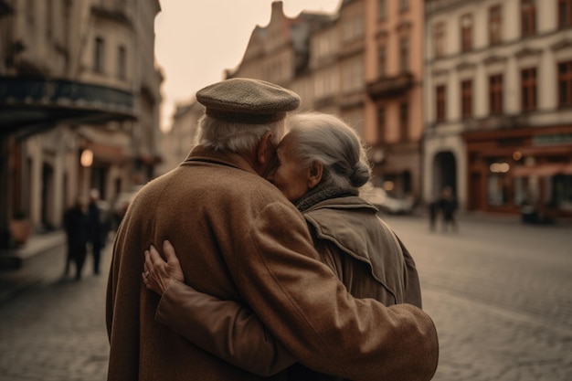 Una pareja mayor se abraza en la calle.