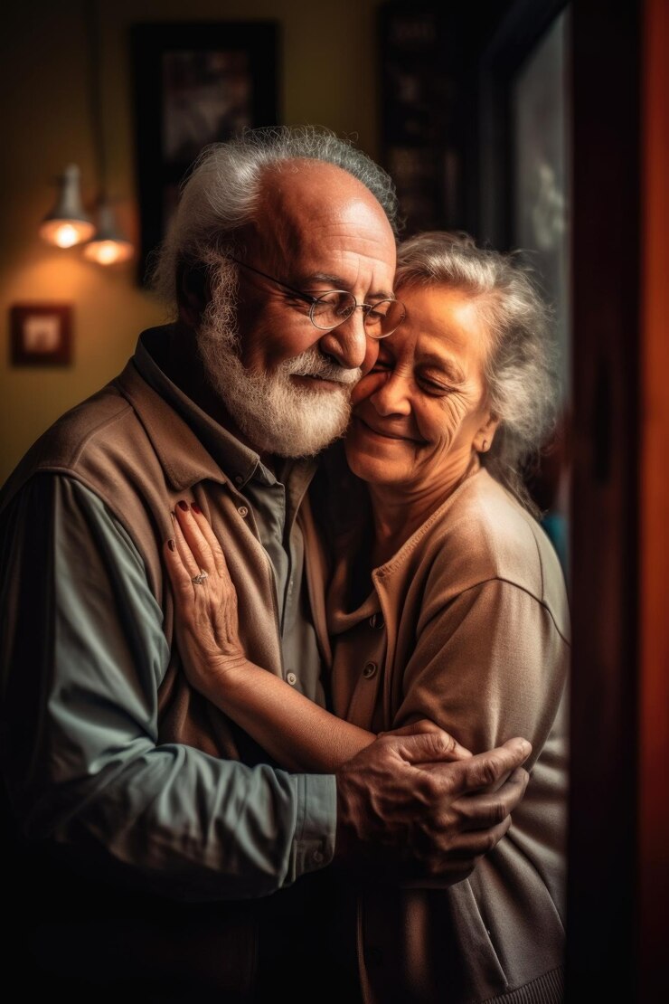 Pareja mayor y abrazo en la libertad de jubilación y amor juntos en casa creado con ai generativo