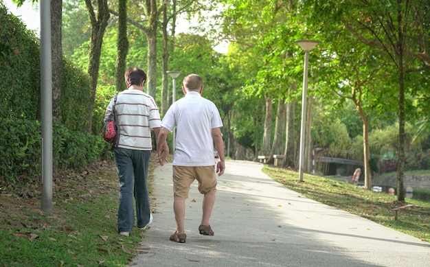 Foto pareja mayor, ambulante, en el parque, vista trasera