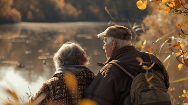 Una pareja mayor caminando cerca de un lago en un soleado día de invierno