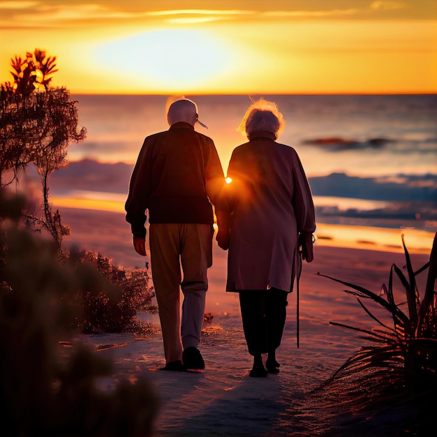 Una pareja mayor caminando por la playa al atardecer