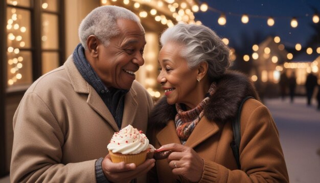 Foto una pareja mayor está comiendo un pastel con un pastel