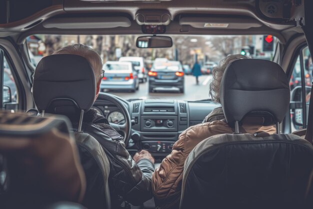 Foto una pareja mayor conduciendo su coche.