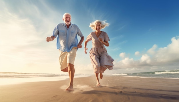 Una pareja mayor corriendo en la playa ropa moderna gente de Tailandia