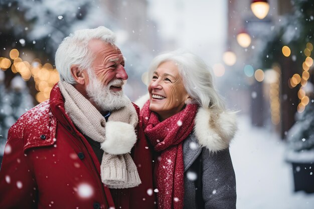 Pareja mayor disfrutando de la nieve durante las vacaciones de invierno generada por IA