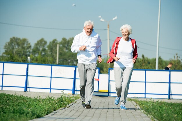 Pareja mayor, ejercitar, aire libre