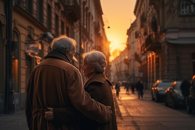 Una pareja mayor enamorada en una calle de la ciudad