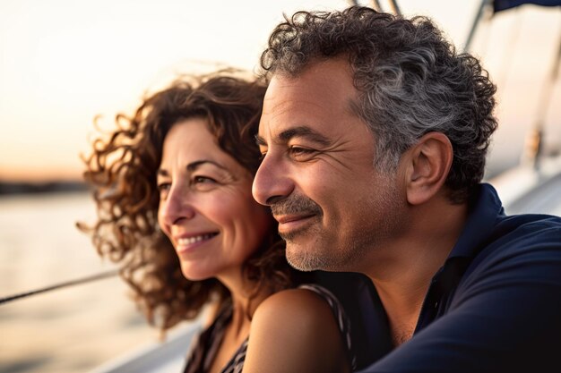 Pareja mayor enamorada en yate al atardecer AI generativo