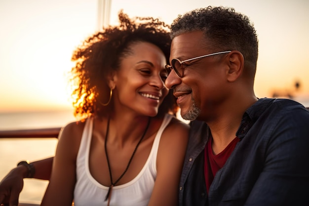 Pareja mayor enamorada en yate al atardecer AI generativo