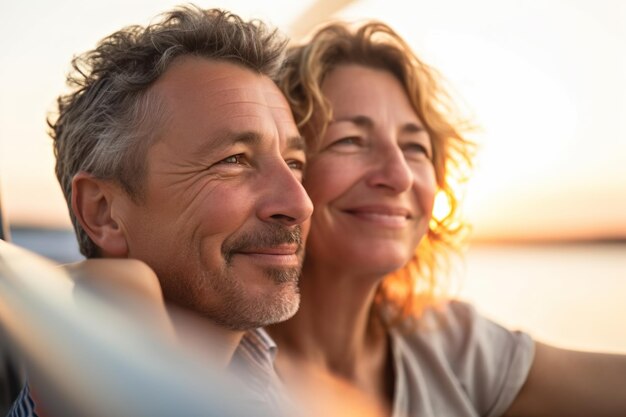 Pareja mayor enamorada en yate al atardecer AI generativo