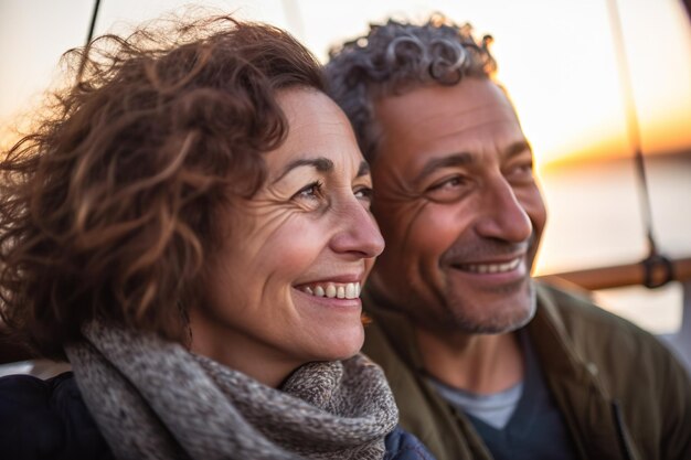 Pareja mayor enamorada en yate al atardecer IA generativa