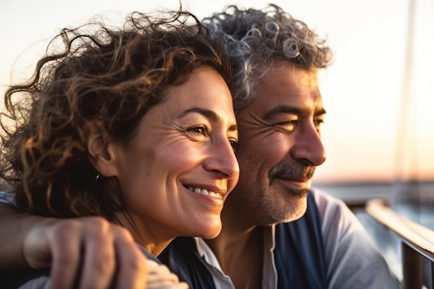 Pareja mayor enamorada en yate al atardecer IA generativa