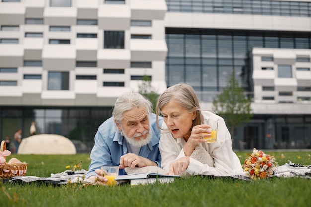 Una pareja mayor pasándoselo genial en un picnic en verano