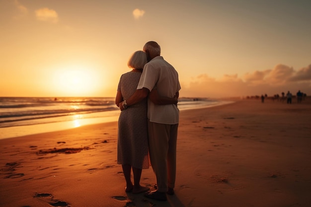 Una pareja mayor en una playa viendo la puesta de sol