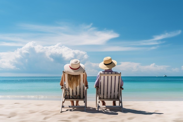 Pareja mayor relajándose en la playa con un cielo azul Ai generativo