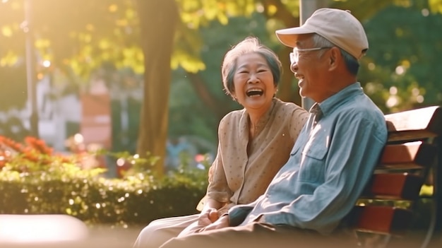 Pareja mayor riendo mientras conversa en el parque idea de amistad diversión y ocio IA generativa