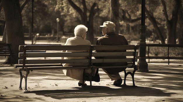 Pareja mayor sentada en un banco abuela abuelo abuelos amor ancianos IA generativa