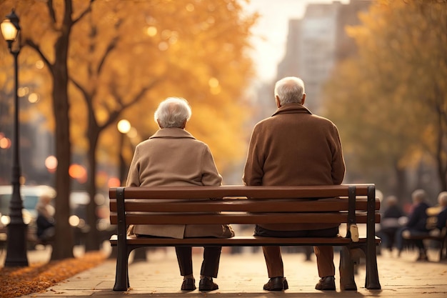 una pareja mayor sentada en un banco de madera en el parque de otoño