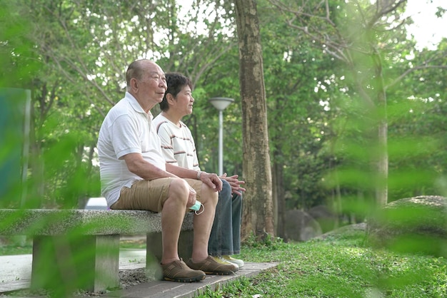 pareja mayor, sentado, en, banco, en el parque