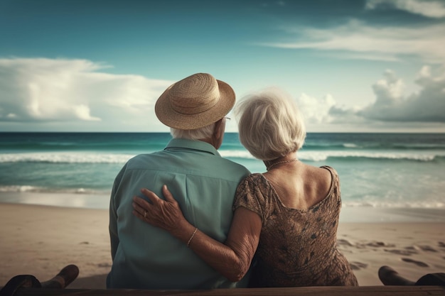 Una pareja mayor se sienta en un banco mirando al mar