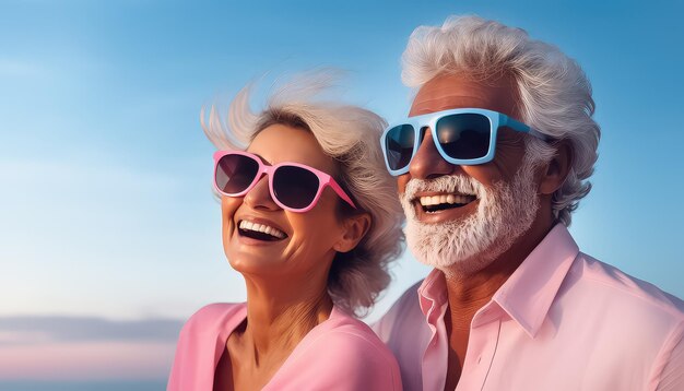 pareja mayor sonriendo con gafas de sol y sonriendo