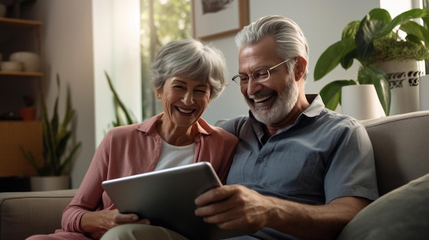 Pareja mayor con tableta relajándose en casa Creado con tecnología de IA generativa