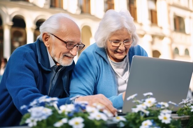 Pareja mayor usando una computadora portátil Pareja de ancianos jubilados usando una computadora portátil en la IA generativa al aire libre