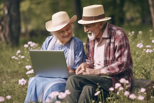 Pareja mayor usando una computadora portátil Pareja de ancianos jubilados usando una computadora portátil en la IA generativa al aire libre