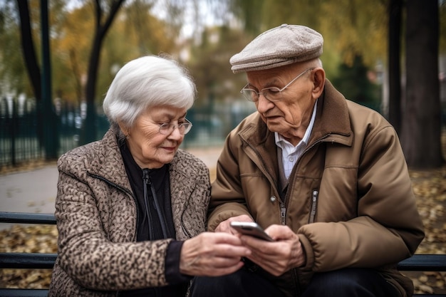 Una pareja mayor usando un teléfono inteligente juntos en un parque creado con IA generativa