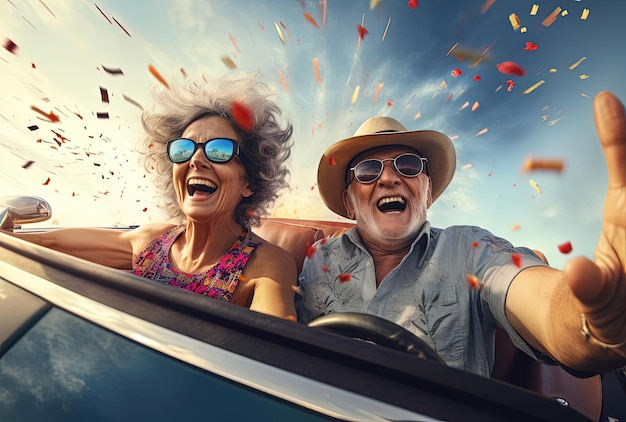 una pareja mayor viajando en un auto convertible con techo abierto al estilo de destellos de lentes