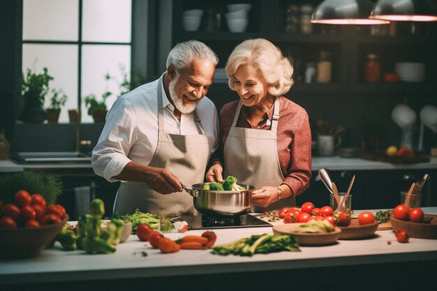 Una pareja de mayores cocinando.