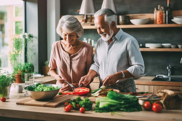 Una pareja de mayores cocinando.