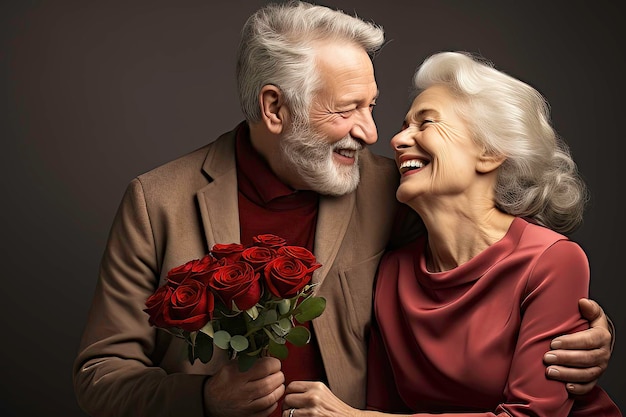 Una pareja de mayores felices con un ramo de rosas rojas sobre un fondo oscuro