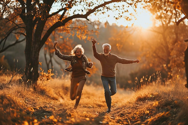 Una pareja de mayores feliz y activa divirtiéndose al aire libre.