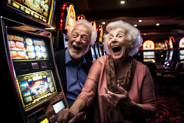 Foto una pareja de mayores ganando en un casino.