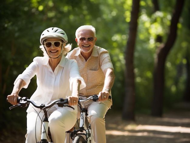 pareja de mayores juntos divirtiéndose con la bicicleta en el parque generado ia