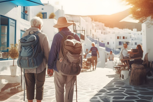 pareja de mayores con mochila en la fuente de Mykonos