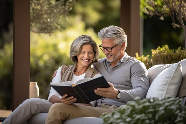 Foto pareja de mediana edad al aire libre leyendo un libro