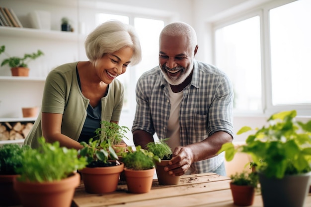 Una pareja de mediana edad casada multirracial plantando hierbas en la sala de estar