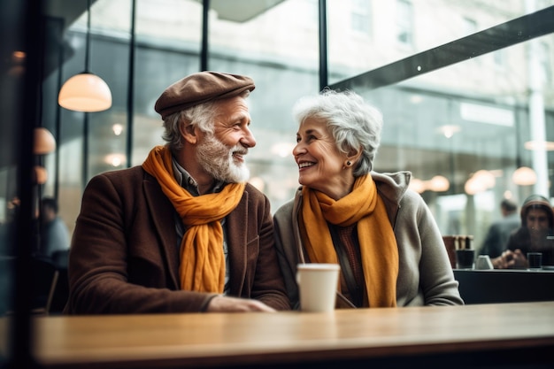 Una pareja de mediana edad disfrutando de una cita en un café.