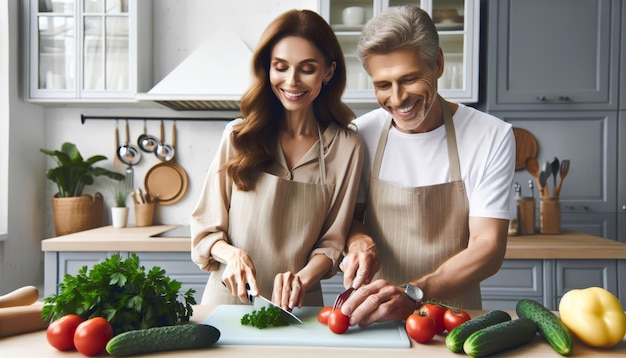 Una pareja de mediana edad preparando una ensalada de verduras brillante y saludable tareas domésticas dentro de la familia