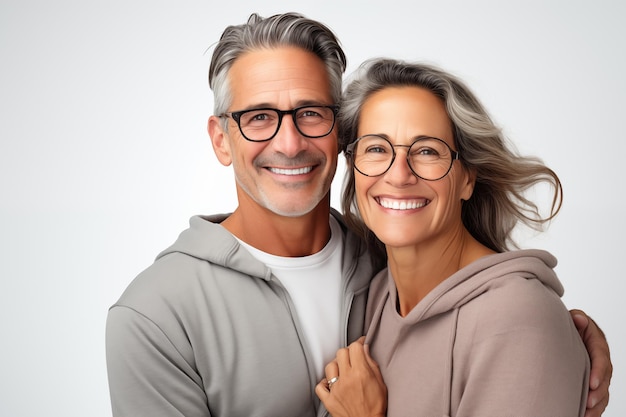 Foto pareja de mediana edad sobre un fondo blanco aislado con gafas