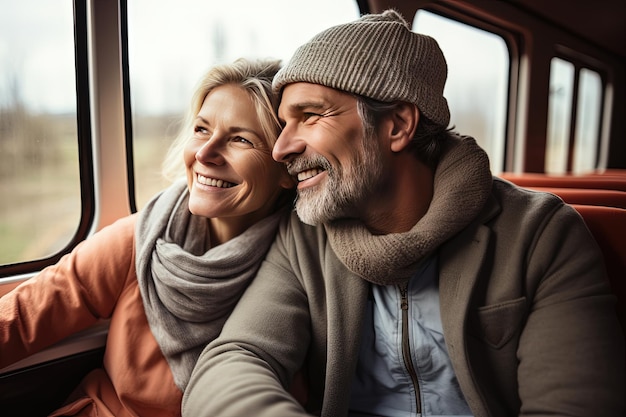 Una pareja de mediana edad viaja en un tren sonriendo pensativamente y disfrutando el uno del otro.